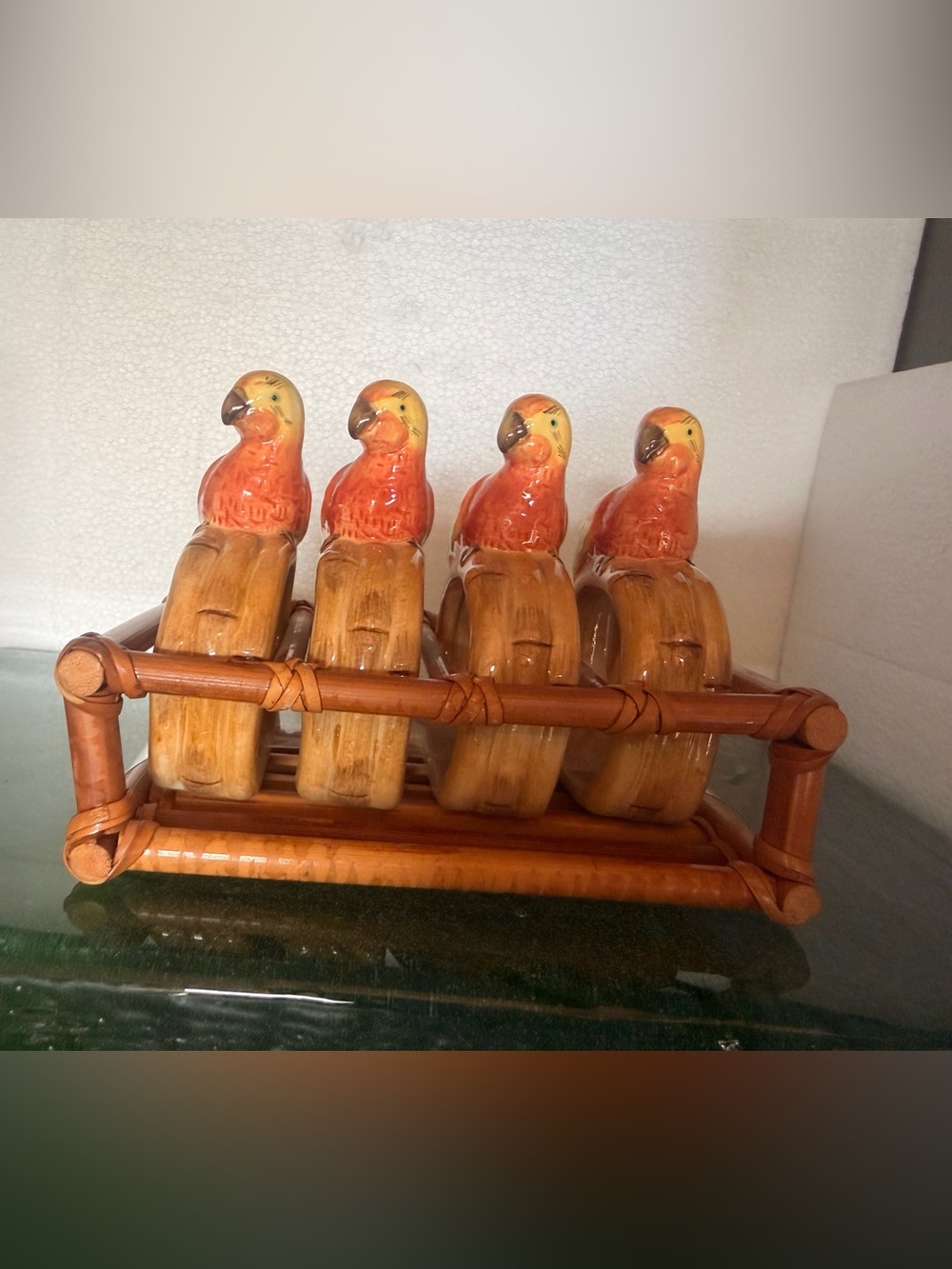 Ceramic Parrot Napkin Rings Set - Orange and Brown
